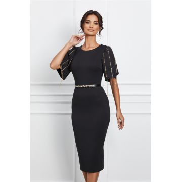 Rochie Alexandra neagra din neopren cu strasuri pe maneci si curea in talie