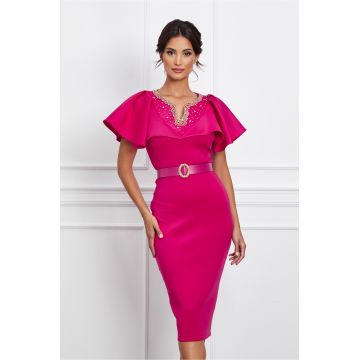 Rochie Alexia fucsia din neopren cu perlute la bust si curea in talie
