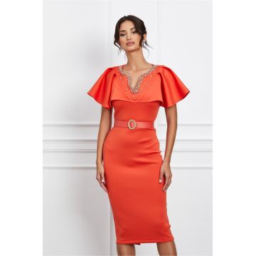 Rochie Alexia orange din neopren cu perlute la bust si curea in talie