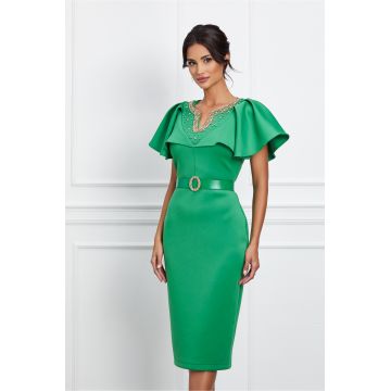 Rochie Alexia verde din neopren cu perlute la bust si curea in talie