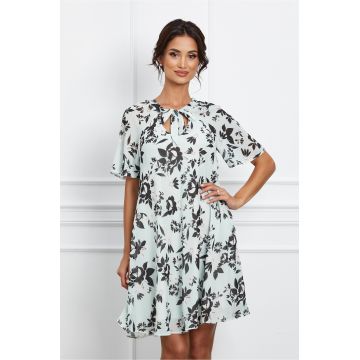 Rochie Aurora verde mint cu imprimeuri florale negre