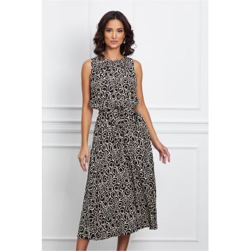 Rochie Barbara neagra cu imprimeuri bej si cordon in talie