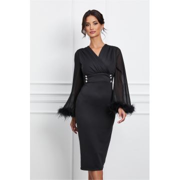 Rochie Beatrice neagra cu maneci din voal cu pene la baza