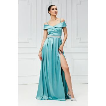 RochieDama Lunga, din Satin, Tafta Elastica, cu Centura Detasabila, din Pietre, pe Umeri, Emporrio, Aqua Mint