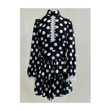 Rochie de Dama, cu Volane, Maneci Lungi si Spate Gol, Ladybug, cu Imprimeu Buline, Neagra