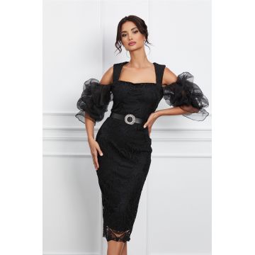 Rochie Doris neagra din dantela cu maneci din organza si curea in talie