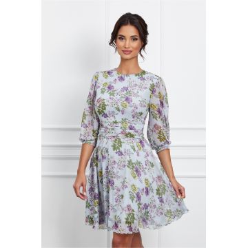 Rochie Dy Fashion din voal bleu cu imprimeu mov
