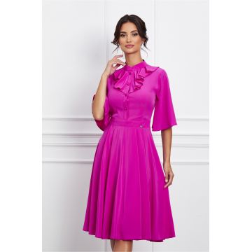 Rochie Dy Fashion fucsia cu nasturi si volan la bust