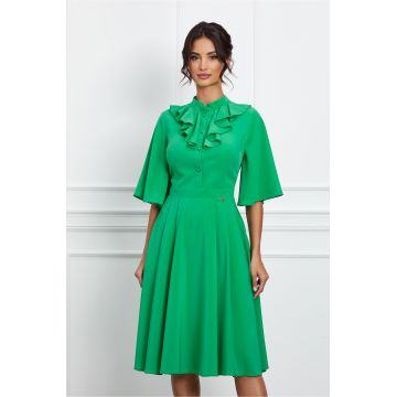 Rochie Dy Fashion verde cu nasturi si volan la bust