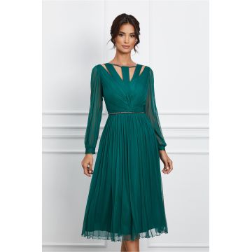 Rochie Ginette verde din matase cu decupaje la bust