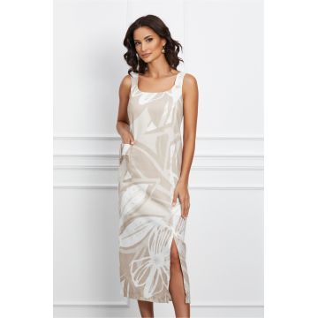 Rochie Jasmine alba cu imprimeu bej si buzunar Rochie Jasmine alba cu imprimeu bej si buzunar