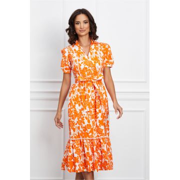 Rochie Michaela alba cu imprimeuri orange si cordon in talie