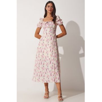 Rochie midi cu imprimeu floral si maneci bufante