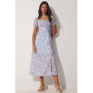 Rochie midi cu imprimeu floral si maneci bufante