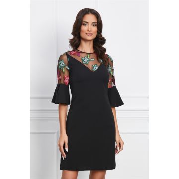 Rochie Moze neagra cu broderie florala pe bust si maneci