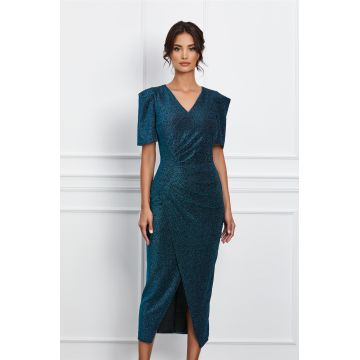 Rochie Moze turcoaz din lurex cu fronseu pe talie