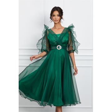 Rochie Samara verde din organza cu strasuri si curea in talie
