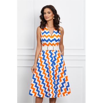 Rochie Tamara alba cu imprimeuri in zig-zag orange si albastre