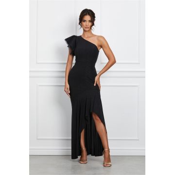 Rochie Teodora neagra cu glitter si lungime asimetrica