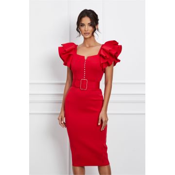 Rochie Teodora rosie din neopren cu volane la maneci si curea in talie