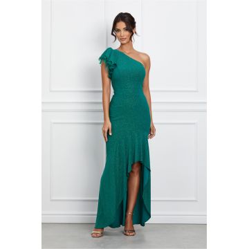 Rochie Teodora verde cu glitter si lungime asimetrica