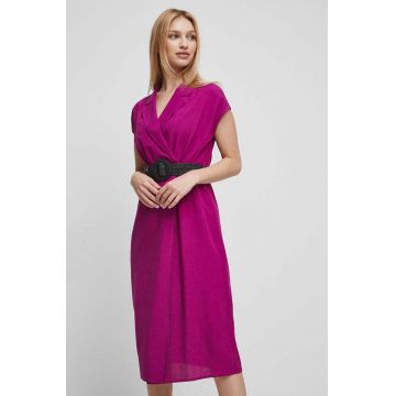 Medicine rochie din amestec de in culoarea roz, midi, drept
