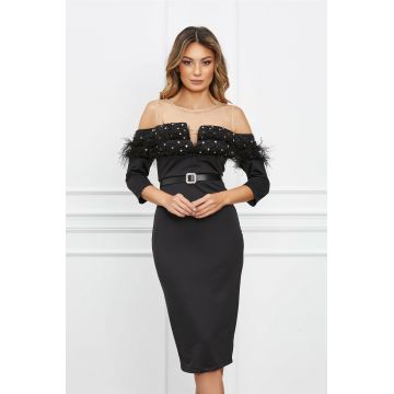 Rochie Amalia neagra cu pene si perle la bust