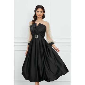 Rochie Amelie neagra cu tull bej si perle la bust si maneci