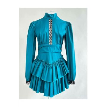 Rochie Dama, cu Volane, Spate Gol si Maneci Bufante, Hyacynth, Turcoaz
