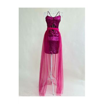 Rochie de Dama, din Paiete, cu Decupaj si Trena Atasata, Eleanor, Fuchsia
