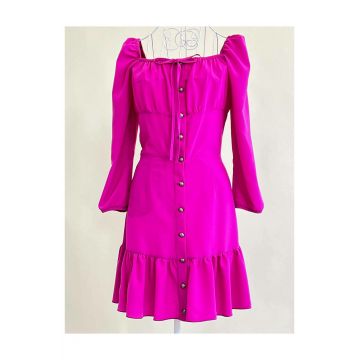 Rochie de Dama, pe Umeri, cu Inchidere Nasturi si Volan, Enedina, Fuchsia