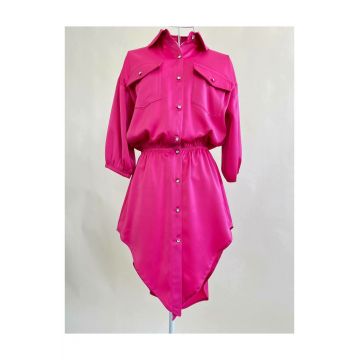 Rochie de Dama, Tip Camasa, Asimetrica, cu Inchidere Nasturi, Zenobia, Fuchsia