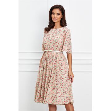 Rochie Dy Fashion bej cu floricele roz si curea in talie