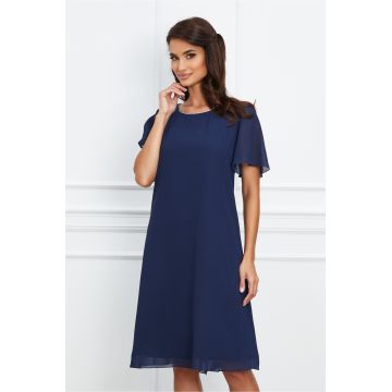 Rochie Eliza bleumarin din voal cu decolteu rotund accesorizat
