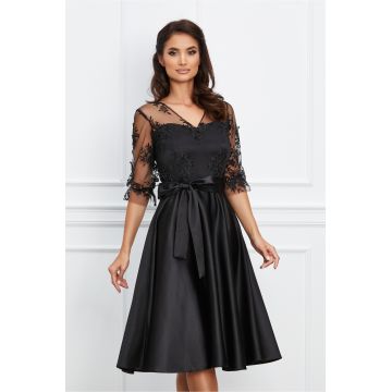 Rochie Ella Collection Adriana neagra cu dantela la bust si cordon in talie