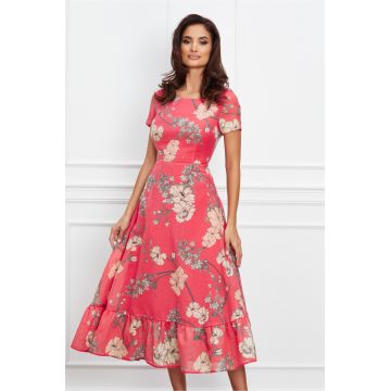 Rochie Ioana corai cu imprimeuri florale si volan la baza