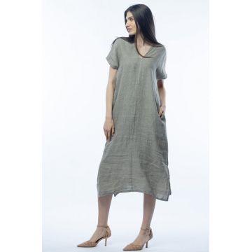 Rochie lunga din in cu funda pe spate,bej inchis