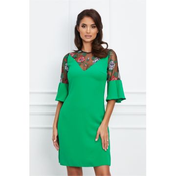 Rochie Moze verde cu broderie florala pe bust si maneci