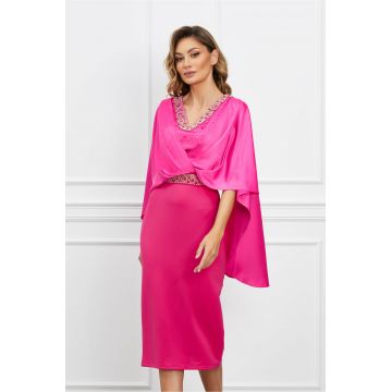 Rochie Ramira fucsia cu capa si perle metalice