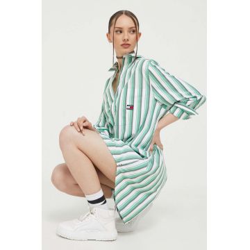 Tommy Jeans rochie din bumbac culoarea verde, mini, oversize
