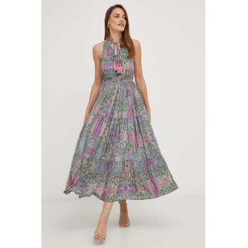 Answear Lab rochie din amestec de matase culoarea verde, maxi, evazati