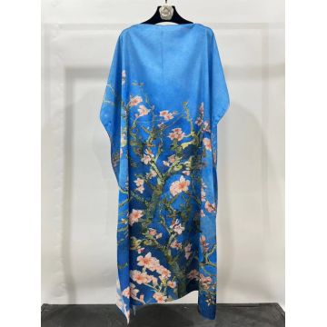 Rochie albastra de plaja lunga tip poncho din matase cu reproducere dupa    Migdal Inflorind   de Van Gogh
