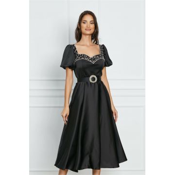 Rochie Beatrice neagra cu aplicatii din strasuri la bust si curea in talie