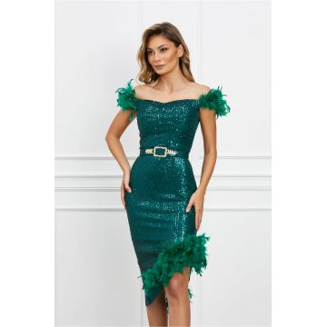 Rochie Biana verde din paiete cu pene si curea
