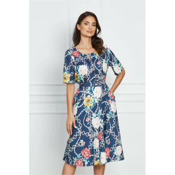 Rochie Bianca bleumarin cu imprimeu chain si flori colorate