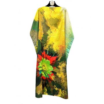 Rochie de plaja lunga tip poncho din matase cu floare mare intr-o parte
