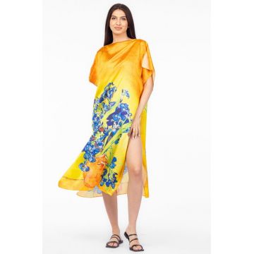 Rochie de plaja lunga tip poncho din matase cu imprimeu inspirat din pictura    Irisi   a lui Vincent Van Gogh