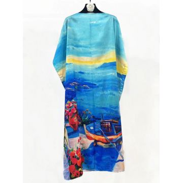 Rochie de plaja lunga tip poncho din matase cu peisaj marin pe fond albastru