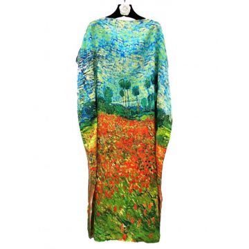 Rochie de plaja lunga tip poncho din matase cu pictura impresionista camp cu maci si pomi