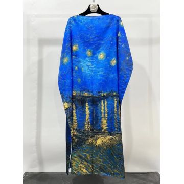 Rochie de plaja lunga tip poncho din matase cu reproducere dupa    Noapte Instelata deasupra Rhonului   de Claude Monet